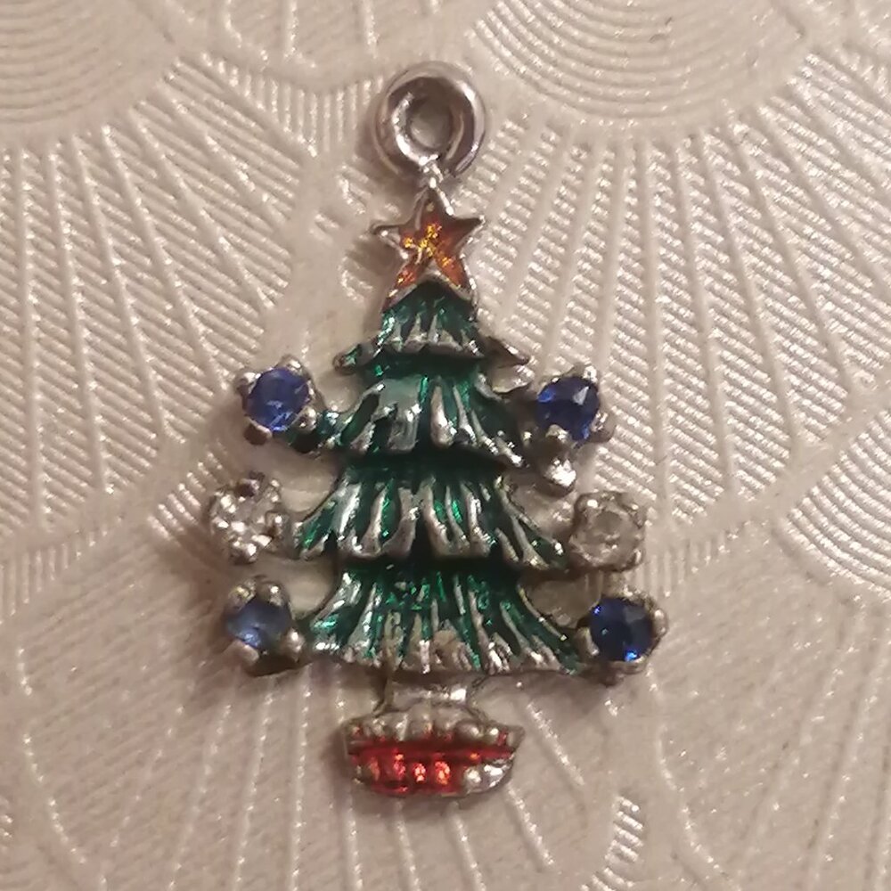 Vintage Sterling Silver & Enamel Christmas Tree Charm with Jeweled Baubles